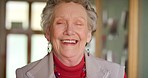 Happy, retirement and pension senior woman in nursing home talking and laughing at funny comedy comic joke. Elderly retired, joy and excited grandma or grandmother smile, happiness and love smiling