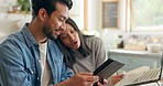 Home, typing and couple with a tablet, planning a meal and communication with social media, speaking and internet connection. Network, man and woman with technology, marriage and website information