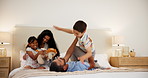 Airplane, bedroom or parents with children to play in home for care, safety or joy together to relax. Fly, mom or dad with fun kids for support, trust or games in a happy family with love or energy