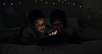 Night, bedroom and boy with girl, tablet and smile with internet and happiness with cartoon. Siblings, brother or sister with tech or dark with connection or bonding together with app, home or joyful