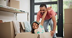 Box, moving and father playing with child in new home for bonding, fun and quality time together. Happy, excited and young dad push girl kid in cardboard at apartment, house or real estate building.