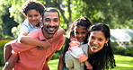 Happy family, children and parents piggyback in park with games, fun and excited for bonding, love and care. Face of african mother, father and kids playing in nature, garden or outdoor for adventure