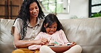 Mother, daughter and living room for relaxation, tablet and smile for love, bonding and connection. Family, technology and sofa for movies, happiness and education with lounge, games and social fun