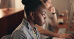 Black woman, computer and night at workplace, reading article for research and typing with journalist at media firm. Writer, work late for deadline, analysis or review with info and coworking space