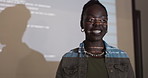 Woman, presentation and coding for technology solution with software for web 3.0 development. African programmer, projector and speaker with smile for feedback, show and teaching by board at workshop