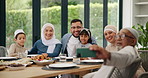 Muslim, selfie or happy family in home at lunch with smile or celebration of Eid or Ramadan in Dubai. Girl child, people eating food or profile picture at dinner or meal with grandparents, dad or mom