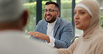 Family, conversation and food for eid celebration, Muslim people at dinner table together eating and laughing. Islam, men and women at Iftar in dining room for happiness, culture and Ramadan in home 