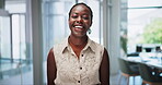 Face, creative and funny with black woman designer in office for start of career in startup agency or design studio. Portrait, business and artistic with happy young employee laughing in workplace