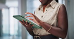 Employee, hands and business with woman, tablet and typing with internet and accountant with website info. Person, trading or broker with technology or stock market with financial blog or online news