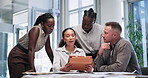 Tablet, collaboration or business people in meeting, discussion, conversation in workplace. Teamwork, manager or group of employees planning a strategy, feedback report or digital project together 