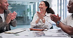 High five, applause and fist bump for success with business people in boardroom of office together. Meeting, collaboration or motivation with man and woman employee team clapping in workplace