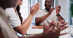 Achievement, hands or business people clapping in meeting for winning, team support or motivation. Closeup, audience blur or applause of employees for target goals, sales celebration or group success