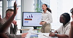 Businesswoman, question or screen for charts presentation or data analysis with hands up of growth graphs. Infographics, financial statistics or female speaker speaking of ideas on monitor in meeting