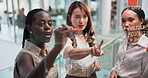 Business women brainstorming, teamwork or glass with discussion, vision or staff for schedule. People, writing or moodboard in company with ideas, mission or collaboration for solution in meeting
