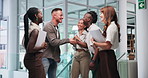 Group, applause or excited business people shaking hands in airport for b2b negotiation or discussion. Clap, collaboration or worker with handshake to welcome an employee speaking of partnership deal