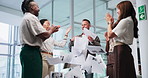 Paper, success or happy business people throw papers into air in meeting for winning or teamwork. Support, wow or group of excited employees in celebration of target, bonus or goal with documents 