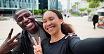 Friends, city and selfie with exercise, smile and support for workout with influencer or balance with activity. New York, man or woman with fitness or picture for social media or hobby with wellness 