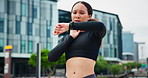 Health stats, check smart watch and woman with fitness, time and exercise with progress and training. New York, athlete and runner with results and tech for wellness with endurance or measure workout