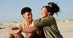 Man, woman and hug with love on holiday in nature while bonding on a getaway in Cape Town, South Africa. Outside, relax and man, woman and relationship with care for a happy vacation and conversation