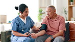 Senior, nurse or man with blood pressure test in hospital for heart health, consulting or wellness. Elderly patient, hypertension consultation or medical caregiver in assessment for diabetes results