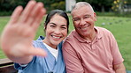 Face, selfie and nurse with senior man on park bench for health, rehabilitation or support. Portrait, caregiver and happy patient at garden outdoor for retirement, picture or photo together in nature