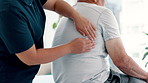 Physical therapy, back massage and chiropractor with elderly man in medical office at clinic. Rehabilitation, patient and closeup of physiotherapist helping senior male person healing muscle pain.