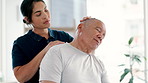 Physiotherapy, elderly man and neck pain for healthcare or rehabilitation from bad posture, sprain or muscle. Male person, woman and consultation service for injury care recovery, support or healing