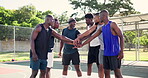 Teamwork, stack or people with motivation on basketball court for planning mission, tactics or support. Training game, outdoor or athletes in huddle for exercise, fitness or workout in sports match
