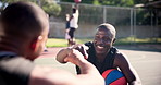 Basketball, men or friends outdoor with fist bump to start or celebrate with players on community court. Team of male athletes greeting before a game with gesture and smile for sports competition win