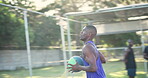 Sports, basketball team and black men score in competition, game and exercise together outdoor for fitness. Throw ball, goal and friends at court for workout, players training and match in summer