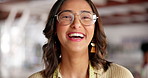 Smile, face and funny with woman, fashion and laughing in a workspace or happiness with clothing designer. Portrait, person or entrepreneur with glasses or measure tape with humor, joke or business