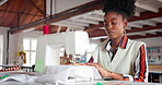 Woman, sewing machine and fabric or fashion production or manufacturing, clothes or small business. Female person, equipment and textile in workshop as retail creativity or design, apparel or pattern
