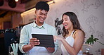 Happy people, barista and tablet in cafe for social media, inventory or checking online orders at coffee shop. Man, woman or waiters smile and laughing with technology for stock check at restaurant