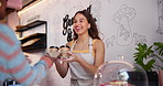 Coffee, takeaway and barista giving order in cafe with happy service, hospitality and woman in small business. Bakery, store and server in morning with sale of espresso, latte or green tea on menu