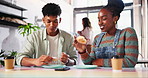 Couple, eating food and bakery, cafe or small business for customer service, happy date and talking of review. Young people with donut, sweet pastry or cake for dessert at startup or coffee shop