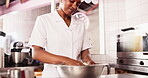 Baker, eggs or kneading of sticky dough on table, chef or process of flour bread on kitchen counter. Black woman, work or mixing wet in dry ingredients, hospitality or culinary cooking in restaurant