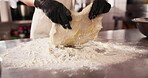 Chef, dough and hands of person in bakery for food, small business or bread production. Cooking, restaurant and nutrition with baker and flour in kitchen for dessert, culinary and pastry preparation