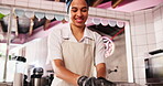 Cooking, dough and store with woman in bakery for food, small business or bread production. Chef, restaurant and nutrition with baker and flour in kitchen for dessert, culinary and pastry preparation