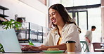 Laptop, smile and woman in coffee shop working on creative freelance project with internet. Research, technology and happy young female designer typing on website with computer in cafe or restaurant.