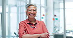 Face, boss and business woman with arms crossed in office for creative career, job and entrepreneur in Brazil. Portrait, happy or mature professional, manager and confident designer laugh in startup