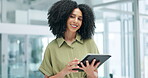 Businesswoman, tablet and face for networking in office, online research and scrolling on internet. Black female person, communication and laughing for humor in notification, plan and web in portrait