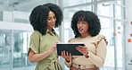 Business people, tablet and planning or discussion for advice, online research and internet on tech. Businesswomen, collaboration and mentor training or feedback on project and support in office