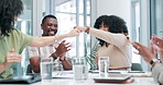 Meeting, applause and fist bump with business people in boardroom of office for strategy or discussion. Thank you, success and congratulations with employee team clapping at work for target or goals