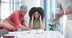 Business woman, headache and stress for overworked, anxiety or mental health in pressure or burnout. Frustrated female person or manager in time lapse with colleagues, documents and workload on table
