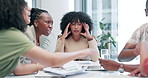 Business people, meeting and conflict with documents, headache or stress in mental health at office. Frustrated woman employee or team fighting in argument or disagreement with paperwork at workplace
