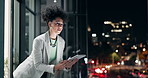 Tablet, night and business woman on balcony of office in city for research, vision or planning. Technology, traffic and search with confident young corporate employee outdoor at workplace in evening