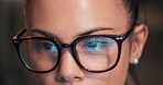 Woman, eyes and coding with glasses of programmer for research and development at office. Closeup or face of female person or coder in focus for programming, algorithm or problem solving at workplace