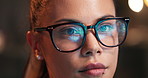 Woman, eyes and programming with glasses of coder for research and development at office. Closeup or face of female person or programmer in focus for coding, algorithm or problem solving at workplace