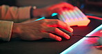 Hand, mouse and gaming or neon lights with keyboard for online streaming at night for virtual, dark or digital. Person, fingers and internet for futuristic competition or tournament, network or cyber