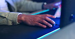 Hand, mouse and video game with neon lights or stream online for virtual competition, future technology or challenge. Person, fingers and keyboard on internet or entertainment, connection or night